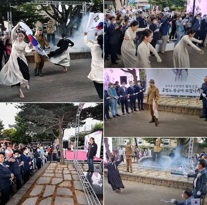 광주 광산구 월곡2동은 ‘관광객 1천만명 방문’을 목표로 고려인의 역사와 문화, 삶, 이야기 등을 자산삼아 선주민과 이주민이 협력해 전국 최고의 다문화 특화 마을을 만들어 가고 있다. 사진은 지난 8월 15일 선주민과 고려인이 협력해 개최한 홍범도 장군 흉상 제막식 모습들./고려인마을 제공