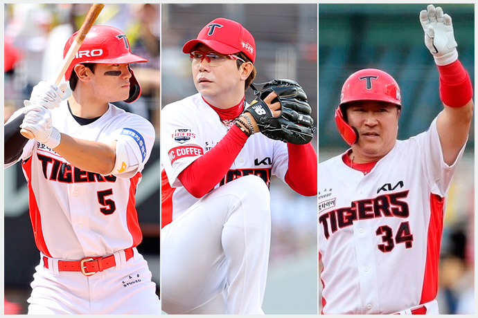 이범호 체제로 판을 짠 KIA 경기는 날이 갈수록 뜨겁다. 40살 불혹에도 올스타전 MVP, 후반기 첫 경기부터 그랜드슬램을 달성한 최형우와 ‘제2의 이종범’으로 불리는 21살 김도영이 신구(新舊)조화를 이루면서 방망이의 화력을 뿜어내고 있다. 마운드에는 프로야구 최초 400경기에 선발 등판한 ‘베테랑’ 양현종이 버티고 있어 우승 기대를 더 하고 있다. 사진 왼쪽부터 김도영, 양현종, 최형우 선수/남도일보 DB