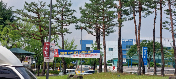 광주역 광장 소나무에 내걸린 정당 플래카드.